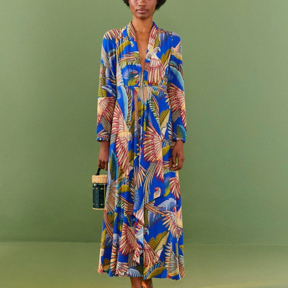 Farm Rio Blue Macaw Flight Maxi Dress- NWT